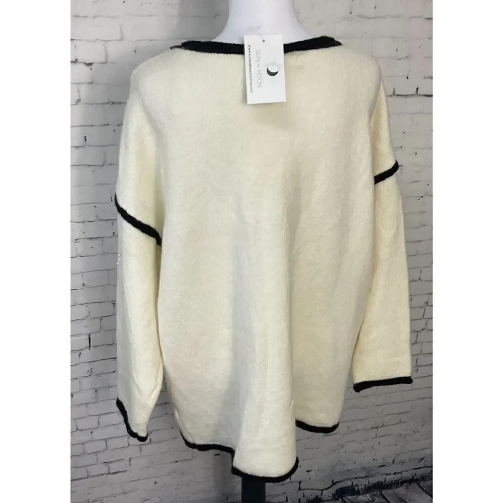 Vine And Love Women L Cream Sweater Black Trim Oversized Comfort Long Sleeve N2 - Picture 2 of 12